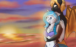 Size: 1024x640 | Tagged: safe, artist:blackblood-queen, oc, oc only, oc:bubble lee, oc:rege liliac, oc:regina liliac, anthro, bat pony, unicorn, anthro oc, beach, belly button, bikini, cleavage, clothes, female, male, midriff, rule 63, straight, sunset, swimsuit, topless