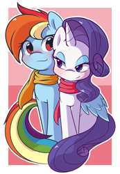 Size: 602x872 | Tagged: source needed, safe, artist:ambris, rainbow dash, rarity, pegasus, pony, unicorn, bedroom eyes, blushing, clothes, cute, female, hug, lesbian, raribetes, raridash, scarf, shipping, winghug