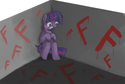 Size: 1049x705 | Tagged: safe, artist:genbulein, twilight sparkle, atychiphobia, f, failure, insanity, solo, twilight snapple, wall writing