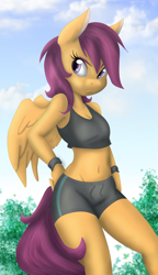 Size: 3000x5222 | Tagged: safe, artist:ambris, artist:kurausuki, scootaloo, anthro, pegasus, absurd resolution, belly button, clothes, female, shorts, solo, sports bra, tanktop