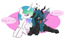 Size: 1280x763 | Tagged: safe, artist:ambris, artist:leatherbiscuit, color edit, princess celestia, queen chrysalis, alicorn, changeling, changeling queen, pony, bedroom eyes, blushing, chryslestia, cute, cutealis, cutelestia, dialogue, ear bite, female, heart, lesbian, looking at each other, mare, missing accessory, open mouth, prone, shipping, smiling, tongue out