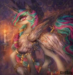 Size: 1644x1700 | Tagged: safe, artist:girlsay, princess celestia, alicorn, pony, alternate hairstyle, beautiful, bedroom eyes, blushing, bracelet, candle, clothes, dress, jewelry, looking at you, looking back, patreon, patreon logo, plot, pretty, raised hoof, smiling, solo, sunbutt, tail wrap, underhoof