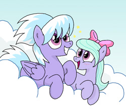 Size: 602x521 | Tagged: safe, artist:manulis, cloudchaser, flitter, pegasus, pony, blushing, bow, cloud, female, folded wings, grin, hair bow, happy, looking up, mare, on a cloud, open mouth, prone, sky, smiling