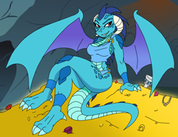 Size: 1280x989 | Tagged: safe, artist:ambris, artist:flawlessvictory20, color edit, edit, dragon lord ember, princess ember, anthro, dragon, bedroom eyes, breasts, cave, clothes, colored, dragon hoard, female, grin, hoard, jewels, looking at you, princess embreast, smiling, spread wings, treasure, wings