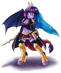 Size: 2550x3024 | Tagged: safe, artist:ambris, twilight sparkle, twilight sparkle (alicorn), alicorn, anthro, unguligrade anthro, armor, armor skirt, belly button, cleavage, clothes, colored pupils, commission, discord sparkle, female, fire emblem, fusion, midriff, shadow, skirt, socks, solo, species swap, thigh highs, zettai ryouiki