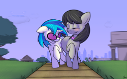 Size: 2592x1621 | Tagged: safe, artist:dmann892, bon bon, dj pon-3, lyra heartstrings, octavia melody, sweetie drops, vinyl scratch, earth pony, pony, unicorn, fanfic:university days, blushing, bow, bowtie, fanfic art, female, lesbian, looking at each other, mare, one eye closed, scratchtavia, shipping, smiling, walking