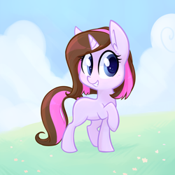 Size: 3000x3000 | Tagged: source needed, safe, artist:meekcheep, oc, oc only, oc:violet rose, pony, unicorn, blank flank, blue eyes, brown mane, cloud, commission, cute, ear fluff, female, field, filly, flower, grass, happy, pink mane, smiling, solo, two colour hair, young