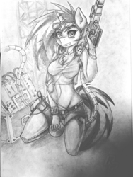 Size: 1536x2048 | Tagged: safe, artist:therainbowphoenix, dj pon-3, vinyl scratch, anthro, chest fluff, clothes, grayscale, gun, midriff, monochrome, rifle, short, solo, tanktop, traditional art, weapon