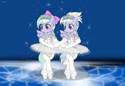 Size: 3500x2400 | Tagged: safe, artist:avchonline, cloudchaser, flitter, butterfly, pony, ballerina, ballet, ballet slippers, bipedal, bow, canterlot royal ballet academy, clothes, dancing, dress, evening gloves, frilly dress, gloves, hair bow, sparkles, swan lake, tiara, tights, tutu