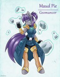 Size: 1275x1650 | Tagged: safe, artist:ambris, maud pie, anthro, earth pony, unguligrade anthro, adventuring is magic, amulet, clothes, colored pupils, female, fingerless gloves, geomancer, gloves, levitation, lidded eyes, looking at you, magic, solo, telekinesis