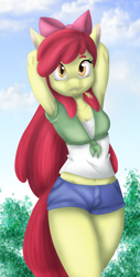 Size: 3000x5926 | Tagged: safe, artist:ambris, artist:kurausuki, color edit, edit, apple bloom, anthro, earth pony, absurd resolution, arm behind head, armpits, belly button, bow, breasts, clothes, colored, female, hair bow, looking at you, midriff, older, open mouth, shirt, shorts, smiling, solo, straw in mouth