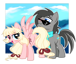 Size: 4679x3943 | Tagged: safe, artist:wicklesmack, oc, oc only, oc:dream whisper, oc:sparks, blushing, clothes, eyes on the prize, female, flirting, heterochromia, male, oc x oc, plot, ribbon, scarf, shipping, sky, straight, sunglasses, tail seduce, wavy mouth