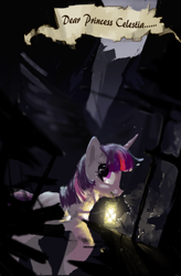 Size: 1024x1560 | Tagged: safe, artist:ciyunhe, twilight sparkle, twilight sparkle (alicorn), alicorn, pony, comic:falling into the deep, comic, dark, dear princess celestia, lamp, night, solo, translation, window