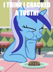 Size: 520x700 | Tagged: safe, minuette, amending fences, aweeg*, dentist, image macro, irony, meme, pain, puffy cheeks, scrunchy face