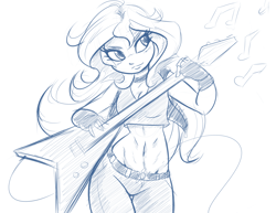 Size: 1280x989 | Tagged: safe, artist:ambris, sunset shimmer, equestria girls, belly button, electric guitar, flying v, guitar, midriff, monochrome, sketch, solo, sunset shredder