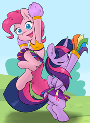 Size: 3969x5397 | Tagged: safe, artist:ambris, pinkie pie, twilight sparkle, twilight sparkle (alicorn), alicorn, earth pony, pony, rainbow falls, armpits, belly button, bipedal, cheerleader, cheerleader pinkie, cheerleader sparkle, clothes, cute, diapinkes, female, grin, jumping, looking back, mare, midriff, plot, pom pom, skirt, smiling, wink