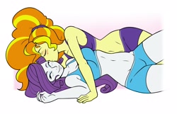 Size: 1680x1080 | Tagged: safe, artist:ambris, adagio dazzle, rarity, equestria girls, abs, adagity, alternate hairstyle, belly button, blushing, clothes, commission, eyes closed, eyeshadow, female, humanized, kiss on the cheek, kissing, lesbian, makeup, midriff, shipping, simple background, sports, sports bra, sports shorts, thighs, white background