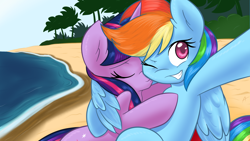 Size: 1920x1080 | Tagged: safe, artist:ambris, rainbow dash, twilight sparkle, pegasus, pony, unicorn, beach, eyes closed, female, hug, kissing, lesbian, mare, one eye closed, shipping, smiling, twidash, wallpaper, winghug