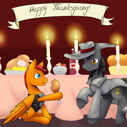 Size: 1024x1024 | Tagged: safe, artist:akashasi, oc, oc only, oc:hard boiled, oc:swift cuddles, cooked, dead, fanfic art, food, ponies eating meat, starlight over detrot, thanksgiving, turkey