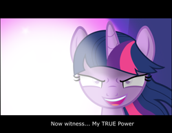 Size: 1920x1486 | Tagged: safe, artist:sollace, twilight sparkle, pony, badass, caption, evil twilight, magic, open mouth, solo, unleash the magic, vector, widescreen