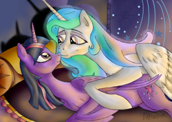 Size: 1280x905 | Tagged: safe, artist:lupineborn, princess celestia, twilight sparkle, twilight sparkle (alicorn), alicorn, pony, bed, celestias room, female, hug, lesbian, nuzzling, on side, shipping, twilestia