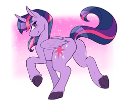 Size: 1500x1230 | Tagged: safe, artist:ambris, twilight sparkle, twilight sparkle (alicorn), alicorn, pony, curved horn, dock, female, horn, looking at you, mare, plot, raised hoof, simple background, smiling, solo