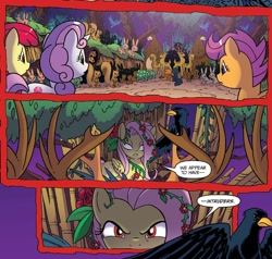 Size: 1302x1240 | Tagged: safe, artist:tonyfleecs, idw, apple bloom, fluttershy, scootaloo, sweetie belle, bear, bird, cat, crow, deer, pegasus, pony, rabbit, squirrel, tortoise, unicorn, ponies of dark water, spoiler:comic, spoiler:comic43, animal, comic, cropped, cutie mark crusaders, evil, female, filly, foal, forest, mare, official comic, poison ivy, poison ivyshy, red eyes, speech bubble, stag