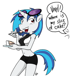 Size: 1451x1566 | Tagged: safe, artist:sandwich-anomaly, dj pon-3, octavia melody, vinyl scratch, anthro, cake, dialogue, do you want this cake, food, harry partridge, nicolas cage, nicolas cage wants cake, offscreen character, parody, parody of a parody, simple background, solo, tattoo, the family man, transparent background