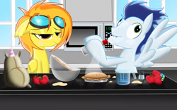 Size: 1680x1050 | Tagged: safe, artist:spitshy, madame leflour, soarin', spitfire, pegasus, pony, derp, duo, food, kitchen, pie, whipped cream