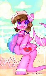 Size: 692x1154 | Tagged: safe, artist:bunxl, oc, oc only, oc:ashee, original species, shark pony, beach, beach ball, bikini, clothes, solo, swimsuit