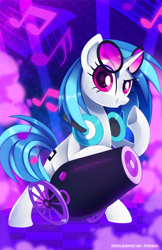 Size: 588x909 | Tagged: safe, artist:pepooni, dj pon-3, vinyl scratch, pony, unicorn, bass cannon, cutie mark, female, headphones, hooves, horn, mare, music notes, smiling, solo, sunglasses, teeth