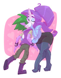 Size: 725x920 | Tagged: safe, artist:bigdad, rarity, spike, human, bent over, big breasts, boots, breasts, elf ears, equestria girls-ified, eyes closed, female, height difference, high heel boots, horn, horned humanization, huge breasts, humanized, kissing, male, manlet, older, older spike, pony coloring, raritits, shipping, shoes, sparity, straight