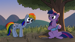 Size: 1920x1080 | Tagged: safe, artist:petirep, screencap, rainbow dash, twilight sparkle, pegasus, pony, fanfic:the star in yellow, spoiler:rdp10, book, duo, frown, glare, open mouth, rainbow dash presents, sitting, sunset, tree