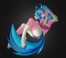 Size: 4050x3600 | Tagged: safe, artist:itsuko103, dj pon-3, vinyl scratch, anthro, unguligrade anthro, armpits, bra, clothes, fishnet stockings, headphones, open mouth, shorts, solo, sunglasses, tongue out, underwear