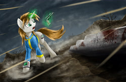 Size: 5100x3300 | Tagged: safe, artist:spiritofthwwolf, oc, oc only, oc:littlepip, pony, unicorn, fallout equestria, clothes, fanfic, fanfic art, female, glowing horn, gun, handgun, horn, little macintosh, magic, mare, pipbuck, revolver, solo, telekinesis, vault suit, wasteland, weapon