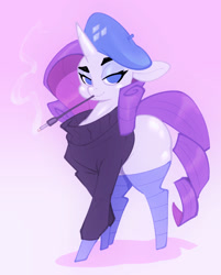 Size: 1335x1664 | Tagged: safe, artist:bigdad, rarity, pony, unicorn, bedroom eyes, beret, cigarette, cigarette holder, clothes, female, hat, lidded eyes, looking at you, mare, missing cutie mark, mouth hold, plot, smoking, solo, stockings, sweater, thigh highs