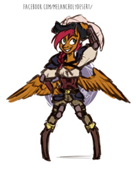 Size: 837x1055 | Tagged: safe, artist:lya, oc, oc only, oc:muzzle, anthro, pegasus, unguligrade anthro, armor, colored, digital art, female, hat, kezsüel, pirate, post-apocalyptic, solo, standing, wings