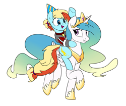 Size: 1280x1074 | Tagged: safe, artist:victoreach, princess celestia, oc, oc:honey wound, alicorn, pony, birthday, clothes, collar, hoodie, riding, smiling