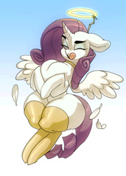 Size: 802x1114 | Tagged: safe, artist:bigdad, rarity, alicorn, angel, pony, unicorn, alicornified, angel costume, choker, clothes, eyeshadow, fake halo, feather, female, licking, licking lips, makeup, mare, one eye closed, puffed chest, race swap, raricorn, rearity, socks, solo, thigh highs, tongue out, wink