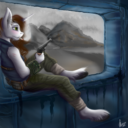 Size: 1920x1920 | Tagged: safe, artist:stirren, hondo flanks, oc, oc only, anthro, unguligrade anthro, fallout equestria, cigarette, clothes, female, finished, gun, handgun, hooves, mare, pistol, revolver, scenery, smoking, solo, unshorn fetlocks, wasteland, weapon, ych result