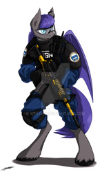 Size: 600x933 | Tagged: safe, artist:gasmaskfox, oc, oc only, oc:au hasard, anthro, bat pony, unguligrade anthro, counter-strike, counter-strike: global offensive, gign, gun, rifle, solo, unshorn fetlocks, watermark, weapon