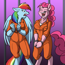 Size: 3300x3300 | Tagged: safe, artist:foxenawolf, pinkie pie, rainbow dash, anthro, unguligrade anthro, clothes, cuffs, duo, eyes closed, floppy ears, laughing, open mouth, prison, prison outfit, prisoner, prisoner rd, smiling, unamused, wings