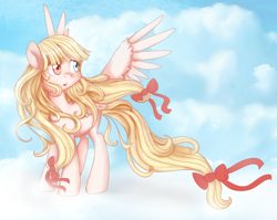 Size: 784x624 | Tagged: safe, artist:coughebeanz, oc, oc only, oc:dream whisper, cloud, heterochromia, ribbon, sky, solo