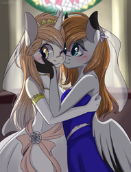 Size: 1300x1700 | Tagged: safe, artist:silbersternenlicht, oc, oc only, anthro, blushing, clothes, commission, dress, female, lesbian, marriage, oc x oc, shipping, wedding, wedding dress