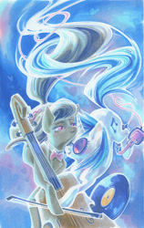 Size: 800x1265 | Tagged: safe, artist:fleebites, dj pon-3, octavia melody, vinyl scratch, earth pony, pony, unicorn, cello, female, headphones, lesbian, musical instrument, scratchtavia, shipping, traditional art