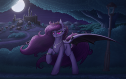 Size: 899x567 | Tagged: safe, artist:dipfanken, oc, oc only, bat pony, pony, castle, moon, night, solo