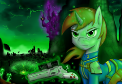 Size: 3400x2350 | Tagged: safe, artist:fiercewendigo, oc, oc only, oc:littlepip, pony, unicorn, fallout equestria, canterlot, clothes, debris, fanfic, fanfic art, female, glowing horn, gun, handgun, horn, little macintosh, magic, mare, old version, pink cloud, pink cloud (fo:e), revolver, ruins, solo, storm, stormcloud, telekinesis, updated, vault suit, wasteland, weapon