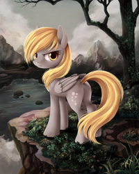 Size: 1200x1500 | Tagged: safe, artist:ponykillerx, derpy hooves, pegasus, pony, blonde mane, female, gray coat, looking at you, mare, wings