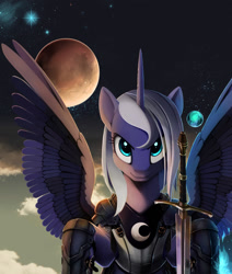 Size: 1280x1508 | Tagged: safe, artist:ponykillerx, artist:tracerhorse, princess luna, alicorn, pony, armor, moon, space, sword