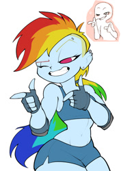 Size: 536x759 | Tagged: safe, artist:bigdad, rainbow dash, human, satyr, equestria girls, clothes, elbow pads, fingerless gloves, gloves, gym shorts, human facial structure, one eye closed, pony colored satyr, pony coloring, shorts, simple background, solo, sports bra, sports shorts, white background, wink